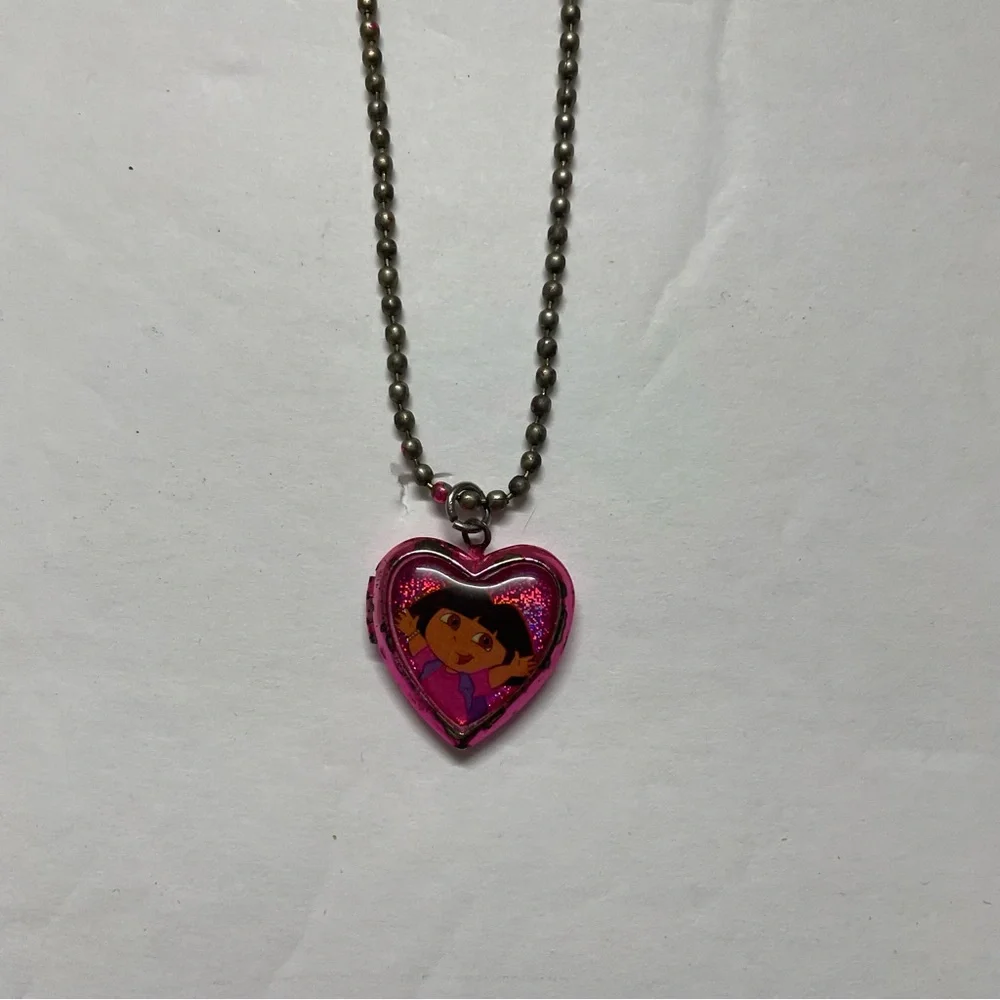 Vintage Dora The Explorer Kids Pink Heart Locket Necklace with Silver Chain